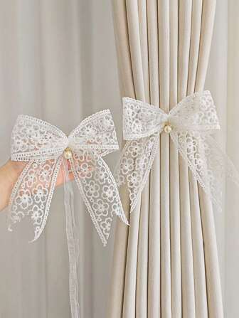 1入組蕾絲蝴蝶結簾帶，法式浪漫風格，適用於各種場所