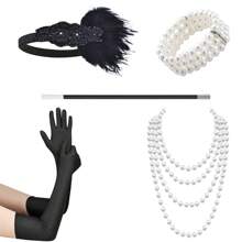 5入組20年代頭飾套裝，羽毛頭帶手套珍珠項鍊香煙支長耳環配件，適用於派對服裝表演復古打扮 - 黑色 - 查看 4