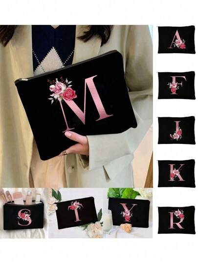 A-Z字母花卉印花化妆包，送给女孩的礼物，可爱复古简约字母图案印花化妆包，化妆包，收纳包，化妆刷收纳袋，手拿包，可折叠轻便收纳包，教师礼物手拿包，护士/医生/教师收纳包，适合个人旅行化妆品收纳，化妆包，化妆品收纳包，化妆品存放包