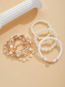 Pack Of 10 Lovely Daisy & Faux Pearl Beaded Bracelets For Women, Ideal For Date And Party Gift