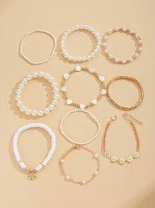 Pack Of 10 Lovely Daisy & Faux Pearl Beaded Bracelets For Women, Ideal For Date And Party Gift