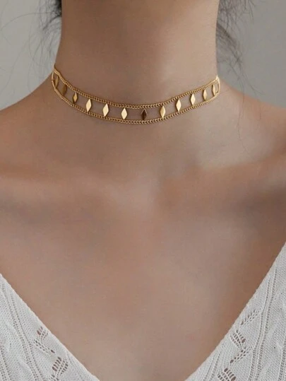 MECYLIFE 1pc Simple And Exquisite Stainless Steel Double-Layer Rhombus Short Necklace For Women Daily Wear