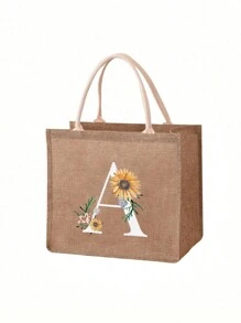 1 pieza Bolso de lona con estampado de letra de girasol y margarita, bolso de compras/bolso/bolso de la compra de moda de lino para mujeres, bolso portátil para maestros, bolso de compras/almuerzo ideal, gran regalo para mujeres, madres, maestros, amigos, damas de honor, amantes, estudiantes, adecuado para citas, cumpleaños, vacaciones, vuelta al colegio, vacaciones, playa, viajes, negocios, estudiantes, picnics, campamentos, supermercado, uso diario - Caqui - Ver 23