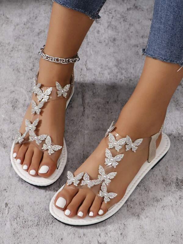 New Arrival Women's Casual Comfortable House, Beach, Party, College Style Elegant Niche Butterfly Transparent Shoelace Flat Sandals