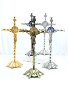 1pc Vintage Religious Jesus Cross Bamboo Frame Metal Decor, Desktop Ornament - Alloy Jewelry Ornaments - View 1