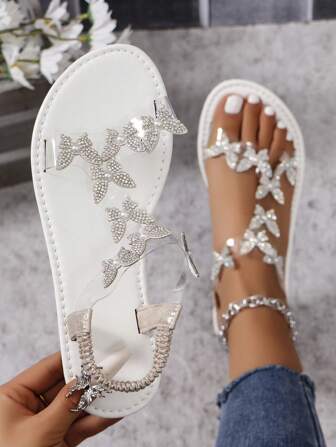 蝴蝶结水钻优雅平底高跟方头/圆头露趾凉鞋，波西米亚风格，适合正式场合、派对、闪亮场合