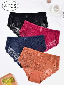 大码 4 件套蕾丝内衣，时尚舒适女士内裤，女士三角内裤套装 - 彩色 - 查看 2