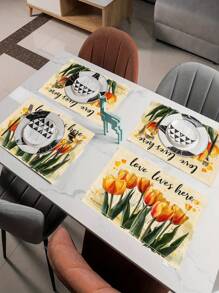 1/4 pièces Sets de table à motifs de tulipes conviennent pour les vacances, dessous de verre résistants à la chaleur, tapis de café, tapis de tasse, tapis de bol, faciles à nettoyer, idéaux pour les fêtes, les fermes, les hôtels, les restaurants et la décoration de cuisine domestique. - 4 morceaux de sets de table - Voir 6