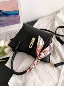 2 Pieces Spring New Stylish PU Leather Handbag Set Including A Medium Bag, Suitable For Women And Girls To Use As Fashionable And Minimalist Commuting Shoulder Bag With Scarf Decoration, Business Casual Women Bag, Perfect For Office, Business And Work, Eye-Catching Work Bags For Women, Business Casual Woman Bag Perfect For Office Business And Work - Black - View 6