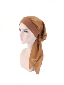 1pc Solid Color Faux Silk Headscarf Hat With Elastic Band And Braided Detail, Wide Brimmed Pirate Hat, Chemotherapy Cap Silk Bonnet Satin Bonnet - Multicolor - View 30
