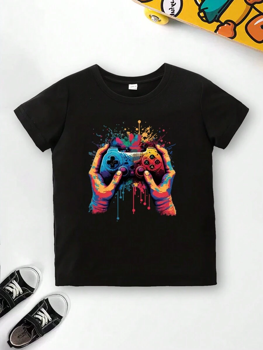 Young Boy Fashionable Printed Round Neck T-Shirt With Game Machine Pattern, Spring/Summer 2024
