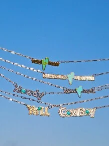 西部風格的綠松石項鍊,帶有英文口號 ,COW BOY COW GIRL YEEHAW HOWDY YALL HEIFER Western Cowboy Turquoise 閃電項鍊,西部風格情侶項鍊,周年紀念禮物 - 復古銀色 - 查看 2