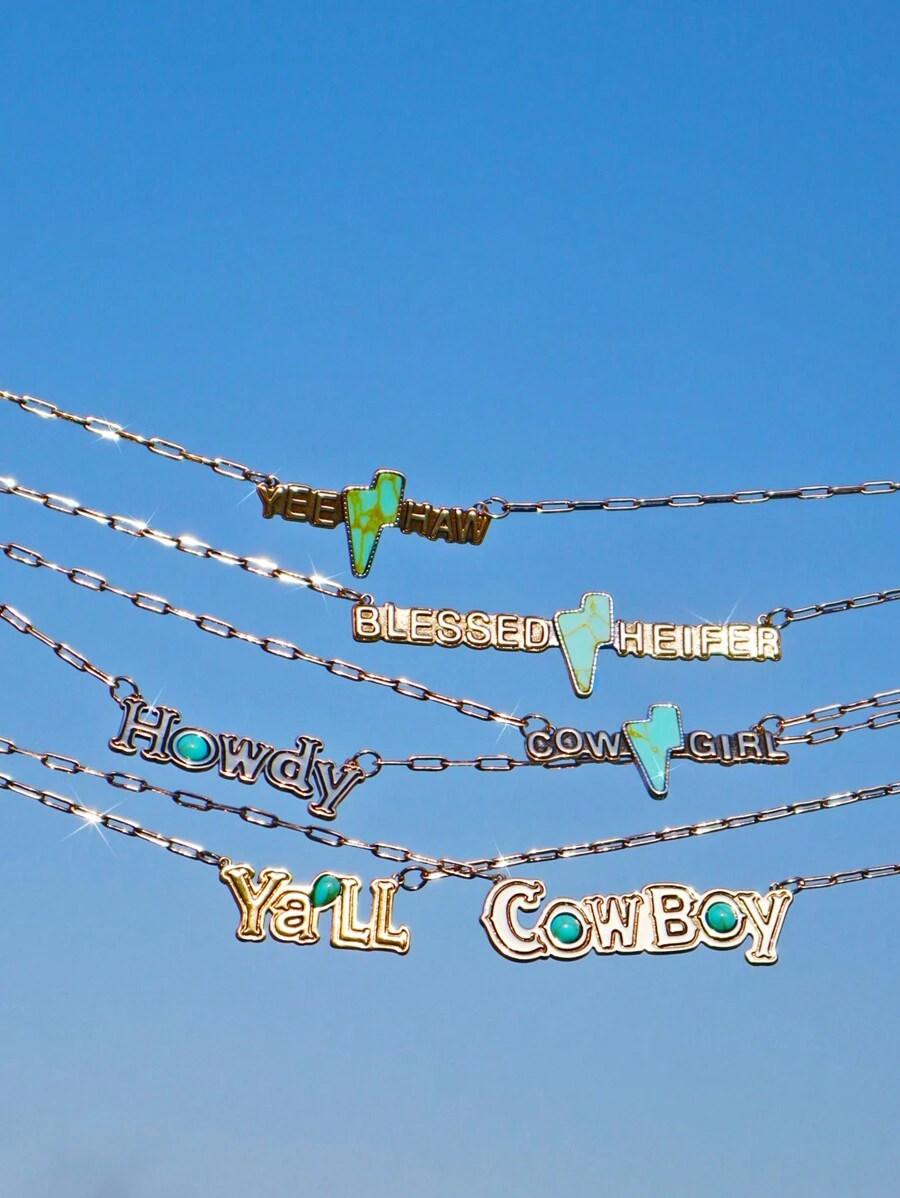 西部風格的綠松石項鍊，帶有英文口號 ，COW BOY COW GIRL YEEHAW HOWDY YALL HEIFER Western Cowboy Turquoise 閃電項鍊，西部風格情侶項鍊，周年紀念禮物