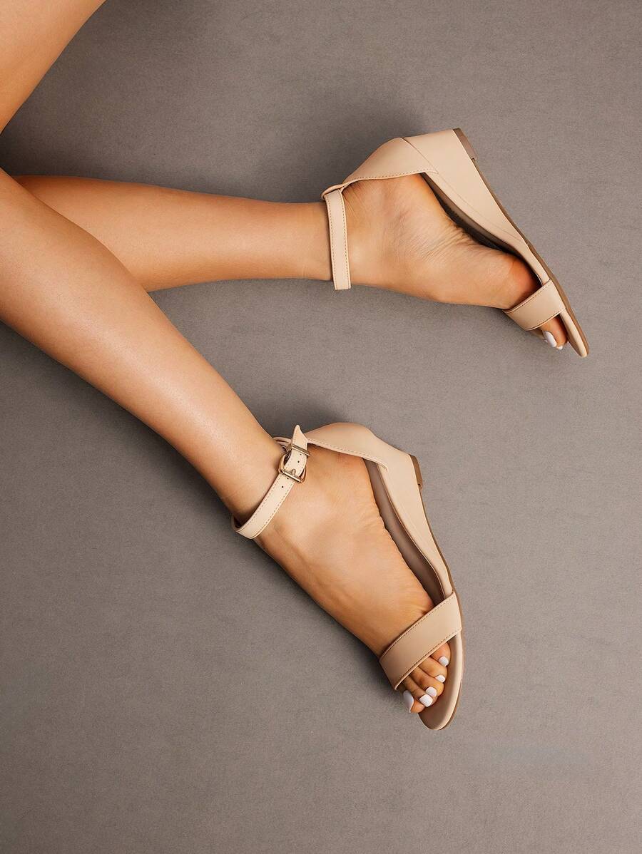 Women'S Wedge Sandals Open Toe Buckle Ankle Strap Comfortable Work Wedding Party Pumps Heel Sandals Dressy Summer Shoes - Màu be - Xem 1