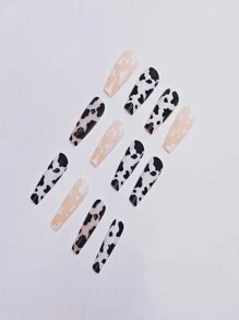 24pcs Minimalist Black And White Cow Themed Long French Ballet Style Nail Art Sticker + Jelly Rubber + Nail File Press On Nails Nail Supplies