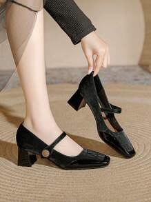 女士新款便捷魔术扣带高跟鞋，粗跟，方头，时尚，百搭，中跟鞋，法式玛丽珍鞋，黑色，展现优雅，专业工作鞋。