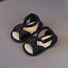 1pair Girls' Bowknot Canvas Shoes With Strap Design, Flat Cute Sandals For Summer - Black - View 2