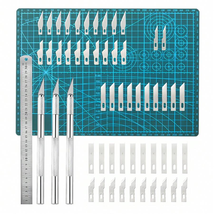 1Pc Craft Cutting Tools Knife Set Craft Precision Cutting Stencil Hobby Knife Set Include Steel Ruler Cutting Mat Set For Art Craft,Paper,Modelling,Quilting,Sewing,Scrapbook - Silver - View 1