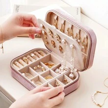 CASEGRACE 1pc Velvet Zipper Jewelry Box, 3 Layers Jewelry Organizer, Multi-Functional Jewelry Storage Box, Travel Portable Jewelry Organizer For Earrings, Necklaces, Rings, Watches, Hair Accessories, Gifts Back To School