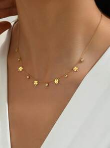 1入時尚不銹鋼鑲嵌鑽石項鍊，女性光澤飾品，精緻性感，適用於慶祝和節日 - 金黃色 - 查看 2