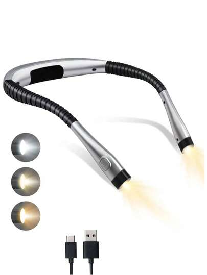 1pc LED Neck Reading Light 3 Colors 6 Brightness Levels Book Light Rechargeable For Reading In Bed Bendable Arms  Knitting Camping Repairing