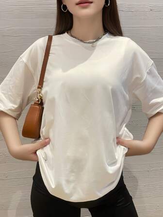 Big Shoulder Short SleevesT-Shirt Drop  Pure Colour Black Summer Relaxed Leisure