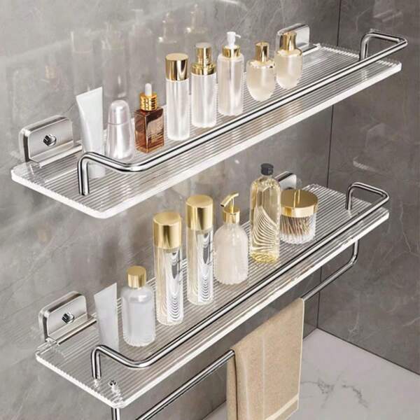 1 unidade Prateleira de Banheiro, Dourada, Prateada, Transparente, Suporte de Armazenamento de Acrílico, Prateleira de Armazenamento de Cosméticos, Bandeja de Vaidade