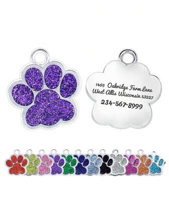 1 pieza de etiqueta de identificación de mascota en forma de huella de perro de color púrpura a medida de tamaño pequeño con baño de plata, grabado personalizado en la parte posterior incluyendo el nombre de la mascota, información de contacto, dirección, etc., asegurando la función antipérdida, adecuado para perros y gatos pequeños
