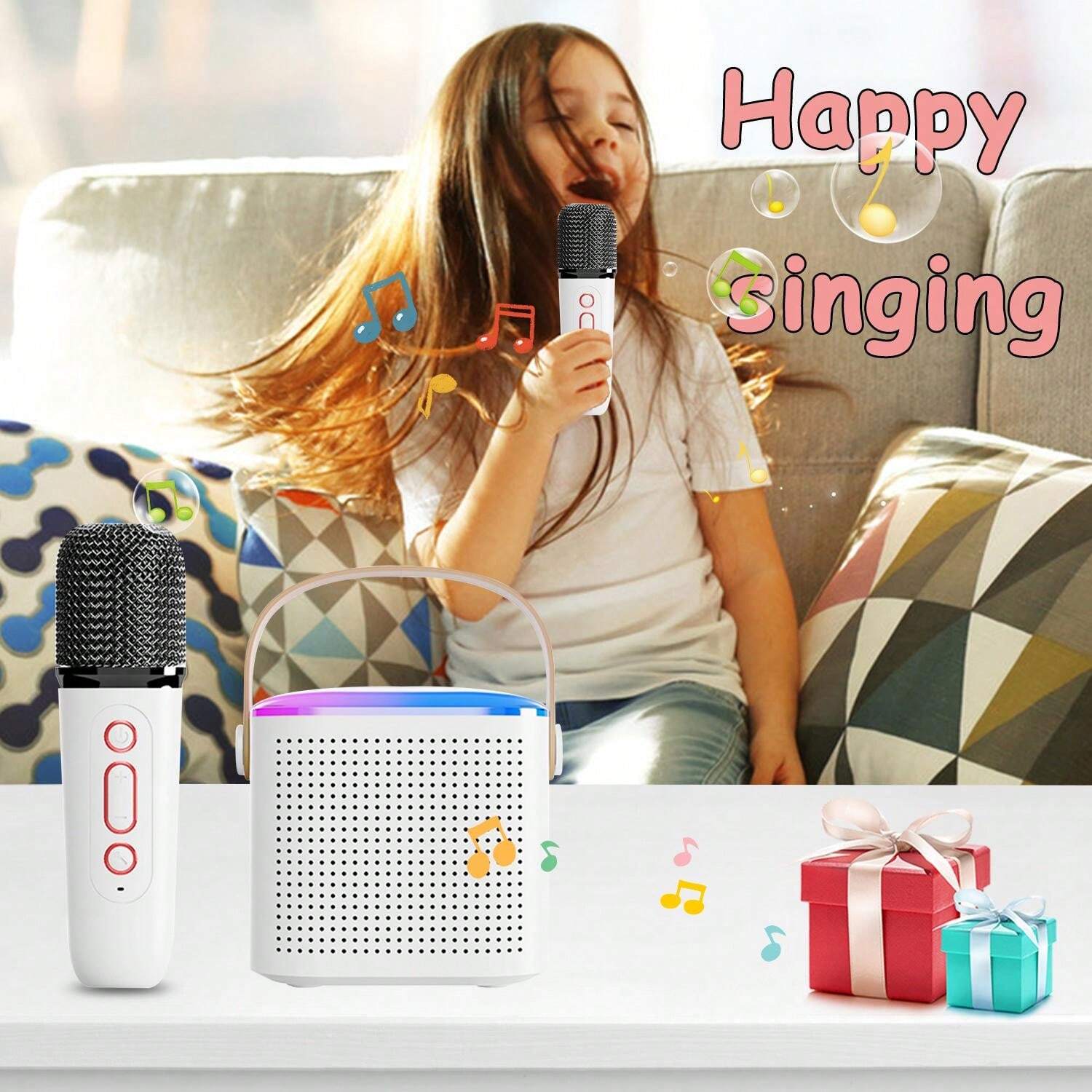 Karaoke Machine For 2 LED Light Wireless Microphones Machine Portable