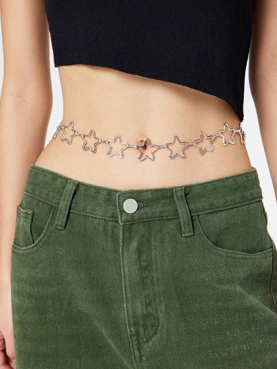 1入組 Y2K 女孩時尚單層多星組合裝飾簡約百搭裙腰鏈 - 銀色 - 查看 1