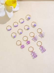 14pcs/Pack Purple Pearl Star, Bear And Butterfly Decorated Hair Ties For Kids - Purple - View 2