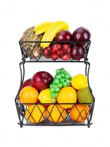 2-Tier Fruit Basket Bowl For Kitchen Counter, Vegetable Countertop Produce Storage Rack, Large Capacity Wire Fruit Rack Storage Box For Onions Potatoes Bread Snack Fruit, Black - Black - View 1