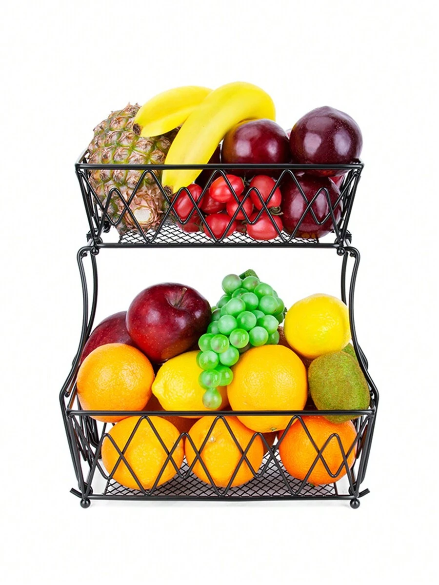 2-Tier Fruit Basket Bowl For Kitchen Counter, Vegetable Countertop Produce Storage Rack, Large Capacity Wire Fruit Rack Storage Box For Onions Potatoes Bread Snack Fruit, Black - Black - View 1
