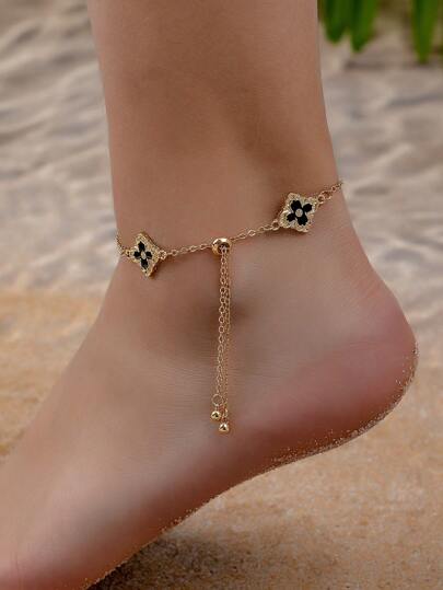One Beach Vacation Style Metal Drip Oil Punk Gothic Flower Foot Chain With Geometric Clover Simple Anklet Adjustable Beach Foot Chain Suitable For Women Daily Wear, Dating, Vacation Valentines,Mom,Mother,Mother's Day,Gift