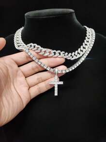 4 Styles Optional, Rhinestone Cross Pendant And Malachite Chain Necklace Set, Unisex Fashion Jewelry For Daily Wear And Parties, Ideal Gift For Couples - Silver - View 7