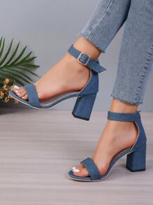 Women Fashion High Heel Sandals, Blue, Ankle Strap With Buckle Design, Chunky Heels, Perfect For Parties - Blue - View 1