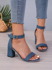 Women Fashion High Heel Sandals, Blue, Ankle Strap With Buckle Design, Chunky Heels, Perfect For Parties - Blue - View 3