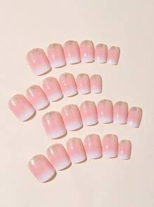 Set de 24 uñas postizas cuadradas cortas y brillantes con punta francesa blanca, de longitud corta, con cubierta completa y tonalidad de dorado a color marrón para mujeres y niñas - Multicolor - Ver 3