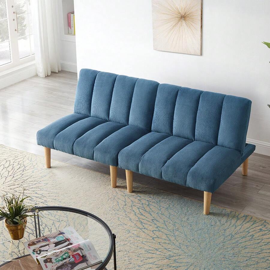 Modern Convertible Sofa Bed Folding Futon Sofa Bed With Sturdy Metal Legs,Corduroy Fabric Sofa Bed With Adjustable Backrest For Compact Living Room Bedroom Apartment Easy Assembly - 藍色 - 查看 1