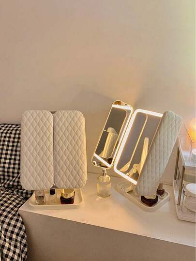 1个三折LED化妆镜，带支架和3种颜色灯光，可折叠梳妆镜，触摸调光，女士礼物（白色/粉色）