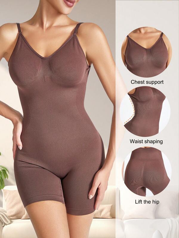 1pc Ladies' Backless Bodysuit Shapewear, Solid Color Seamless Waist Cincher Tummy Control Bra Support Body Shaping Bodysuit