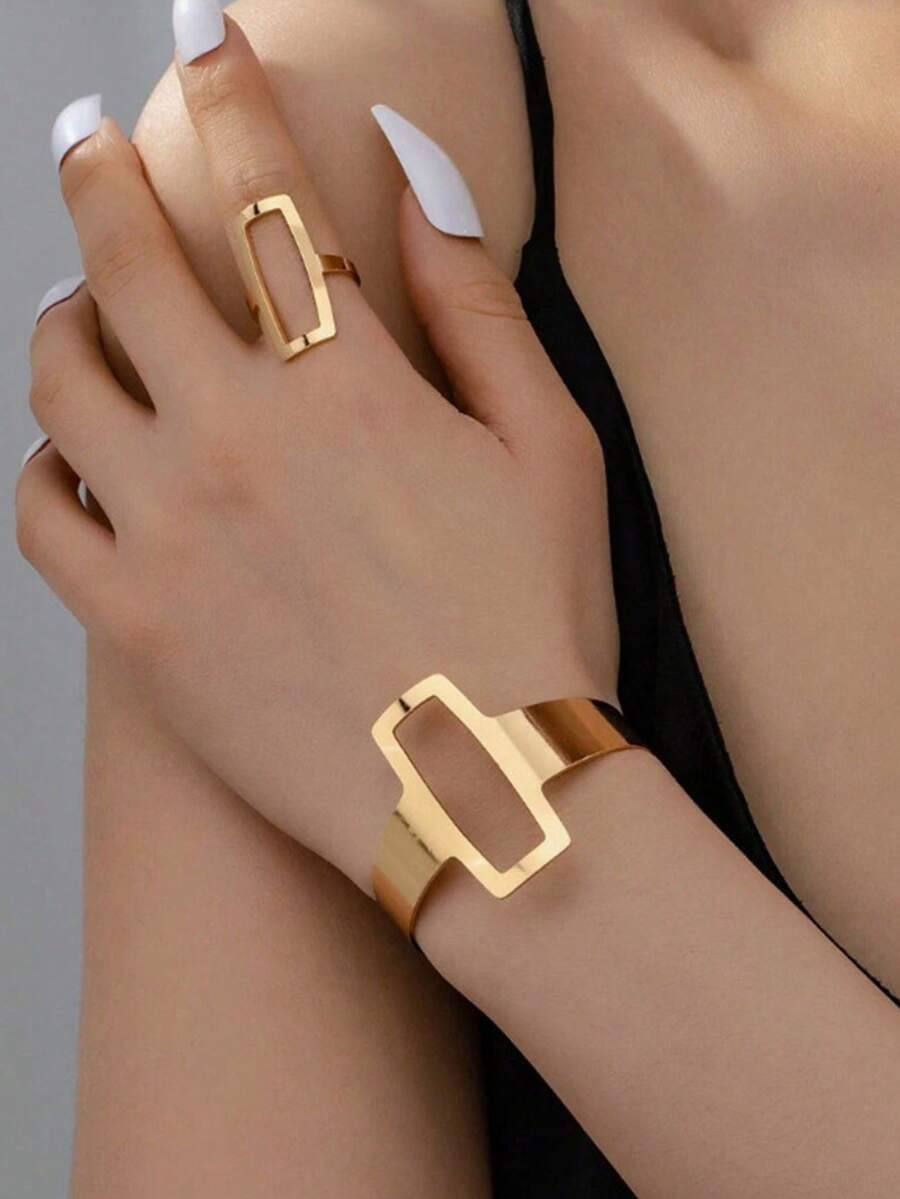 1 套金色不对称几何方形手链和戒指套装，简约女士风格 - 金色 - 查看 1