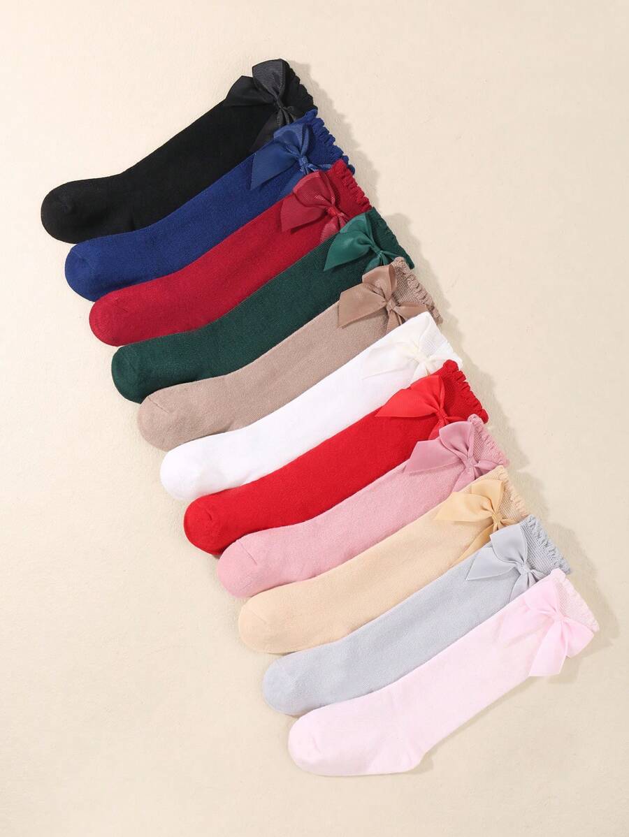 6 Pairs Infant Random Solid Color Bowknot Over Knee Socks - Multicolor - View 1
