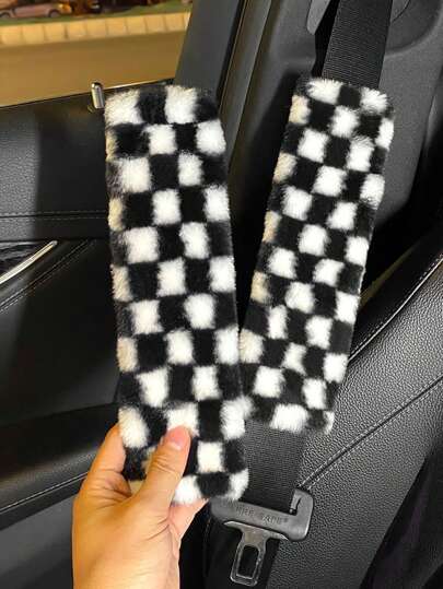 2pcs Plush Houndstooth Car Seat Belt Covers, Comfortable Car Accessories