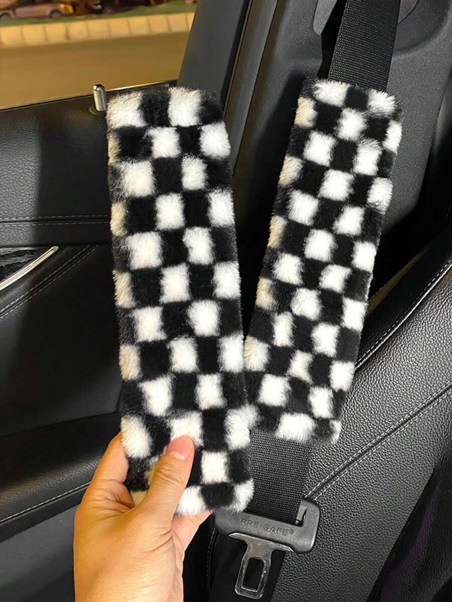 2pcs Plush Houndstooth Car Seat Belt Covers, Comfortable Car Accessories - Black and White - View 1