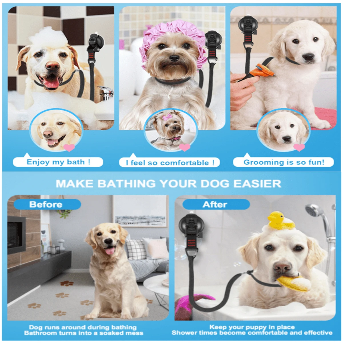 Heavy Duty Adjustable Dog Bathing Tether With Suction Cup Secure Restraint Leash For Pet