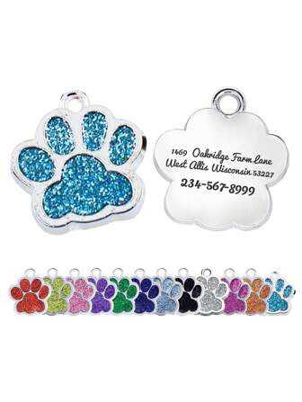 1 st Liten personlig blå anpassad silverfärgad hundtassformad husdjurs-ID-tagg med anpassat husdjursnamn, kontaktinformation, adress och mer, graverat för att förhindra att förlora, lämplig för små hundar och katter