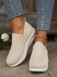 時尚休閒網眼女鞋，帶踢踏設計，面料鞋面，戶外網眼氣墊和防滑鞋底 - 卡其色 - 查看 3