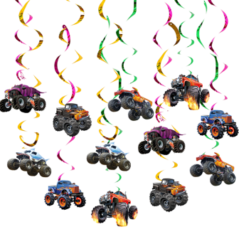 Set de 12 piezas Decoración colgante en espiral con tema de monster truck, 6 patrones diferentes con 2 piezas de cada patrón, adornos colgantes de PVC para arreglos florales, escaparates, pasillos y decoración de techos, Navidad
