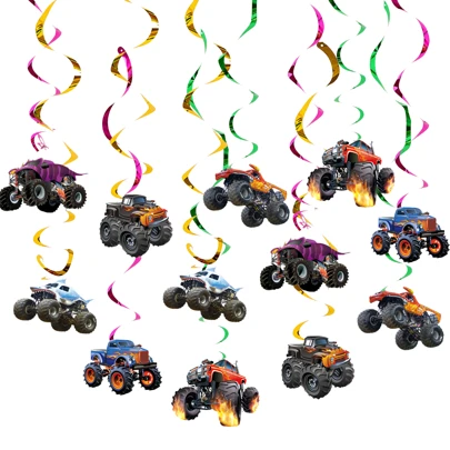12pcs/Set Monster Truck Theme Party Spiral Hanging Decoration, 6 Different Patterns With 2pcs For Each Pattern, PVC Hanging Ornaments For Floral Arrangement, Window Display, Corridor And Ceiling Decorations,Christmas